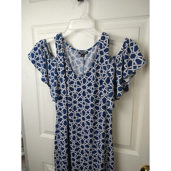 $ Roz & Ali Medium M Blue White Geometric Print Cold Shoulder Sheath Dress VNeck - Picture 2 of 10